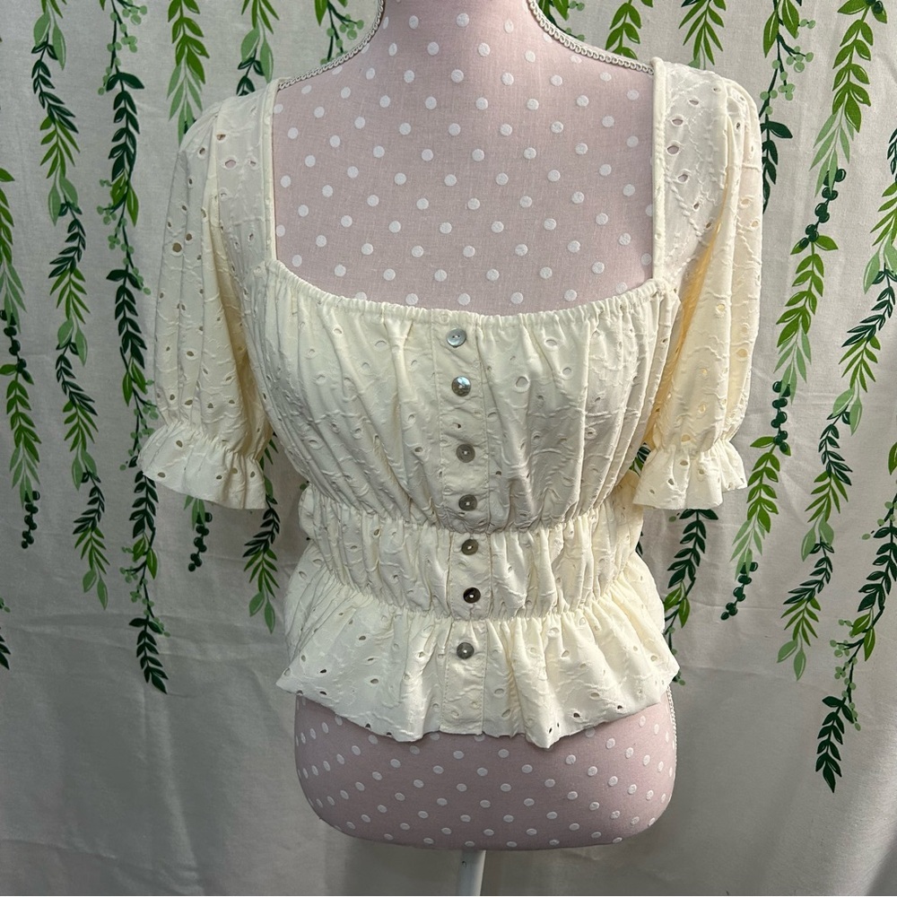 Forever 21 Cream Ruffled Peplum Blouse A3